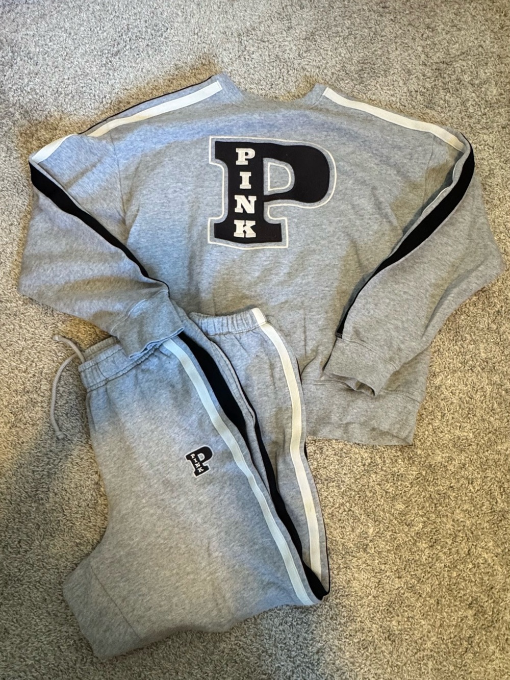 PINK Victoria's Secret Gray Sweatshirt & Jogger Set with Black Stripe